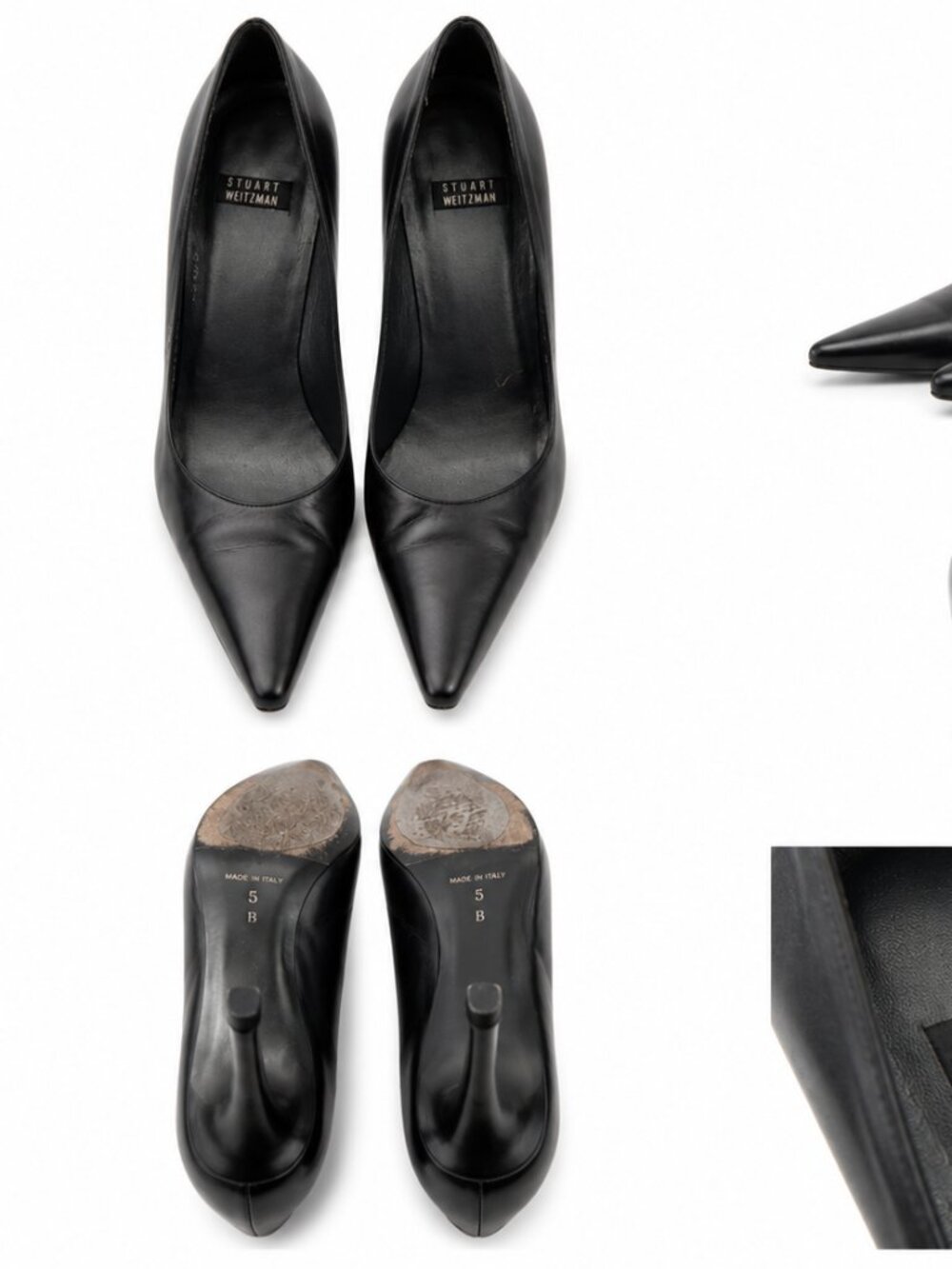 Stuart Weitzman Black Leather Pointed Toe Kitten Heels – Size 5